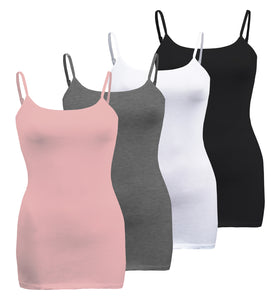 Plus Size - 4 Pack Classic/Basic Solid Cami With Adjustable Spaghetti Straps Tank Top